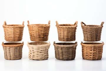Obraz premium Baskets. Arrangement of various wicker baskets on white surface