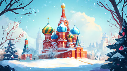 A vivid russian cathedral with colorful domes stands majestically against a serene, snowy backdrop. Russian Cathedral. Illustration