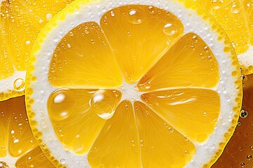 Lemon slices. Artistic composition of juicy slices of yellow lemons. Close-up