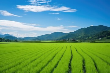 Fototapeta premium Picturesque green rice fields of Asia under stunning blue sky.