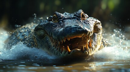 Fototapeta premium A close-up of a crocodile's head emerging from the water, with its mouth open and teeth visible.