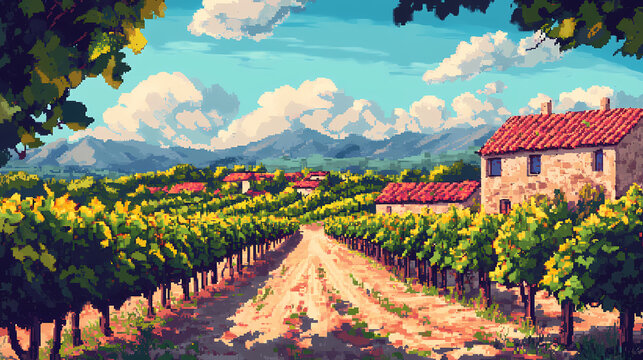 A beautiful pixel art landscape of a vineyard in the countryside. Art Brut. Illustration