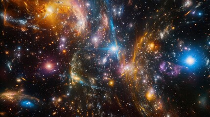 Fototapeta premium A panoramic view of a distant galaxy cluster with swirling colors and bright star formations, showcasing the vastness of space.