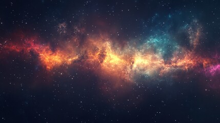 Fototapeta premium A panoramic view of a distant galaxy with glowing star formations, vibrant nebula clouds, and deep cosmic colors.