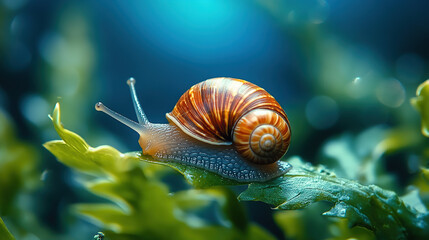 A cute little snail crawling on green leaves, macro photography