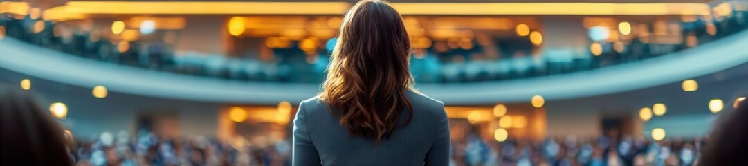 Confident female speaker at a business conference, addressing a diverse audience in a sleek convention hall, vibrant corporate event, entrepreneurship and innovation focus