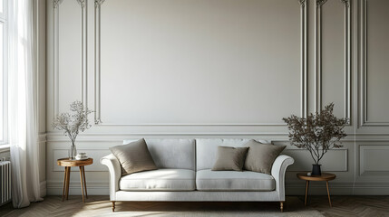 White Sofa with Pillows in a Modern Living Room with  Ornate Wall Molding 3D Illustration