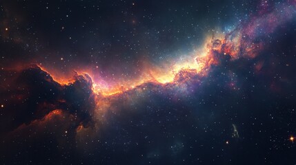 Fototapeta premium A panoramic view of a distant galaxy with swirling colors, bright stars, and glowing nebula clouds, showcasing the beauty of space.