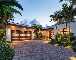 Wide-angle view of a modern Miami home featuring a brick driveway lush landscaping and tall palm trees white and brown garage door illuminated by soft evening light