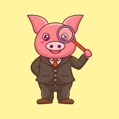 Cute Pig Detective Kawaii Cartoon Vector Icon Illustration