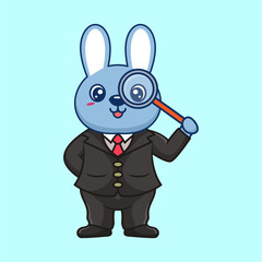 Cute Rabbit Detective Kawaii Cartoon Vector Icon Illustration