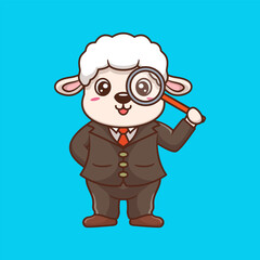 Cute Sheep Detective Kawaii Cartoon Vector Icon Illustration