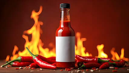 A bottle of spicy hot sauce with a blank mockup label surrounded by red chili peppers and flames