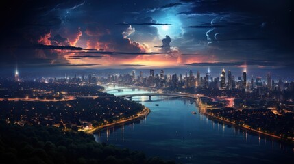 Night Cityscape with River and Dramatic Sky
