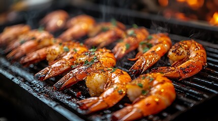 Close-up of grilled shrimp on a barbecue grill with steam rising.
