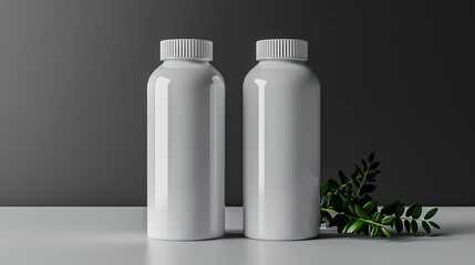 Two white bottles with a sprig of green leaves in front of a grey background.