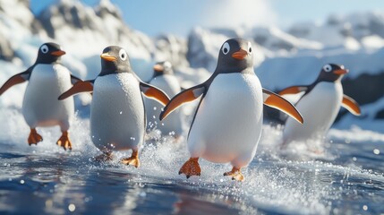 Obraz premium Penguins in a 3D realistic action perform a slapstick comedy on ice, slipping and sliding in a choreographed musical number