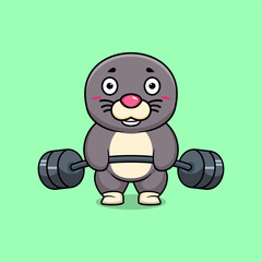 Sea Lion animal lift barbell icon illustration cartoon
