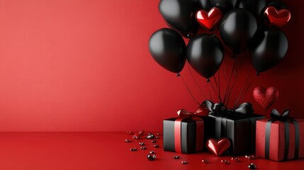 Celebratory arrangement of black balloons, gifts, and hearts on a vibrant red background