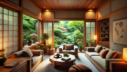 Fototapeta premium A cozy and inviting living room with large windows and a garden view