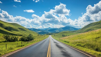 Fototapeta premium A scenic asphalt road leading into green hills and mountains, with a clear sky and scattered, puffy clouds on a sunny afternoon.