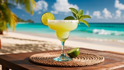 A refreshing margarita garnished with lime and mint on a sunny beach table.