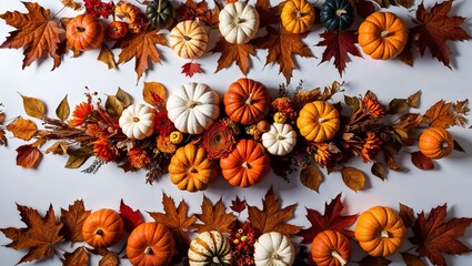 Fototapeta premium An artistic arrangement of pumpkins and autumn leaves creates a seasonal, festive display on a white canvas.