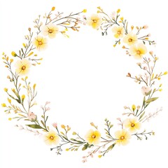 Beautiful floral wreath featuring delicate yellow flowers and green leaves, perfect for invitations and decorative designs.