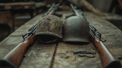 Obraz premium World War Two Military Weapons Helmets
