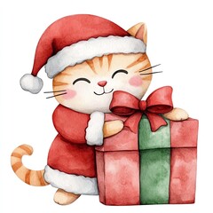 Cute cat in a Santa hat holding a colorful gift box, perfect for holiday-themed designs and festive projects.