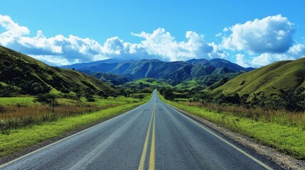 Fototapeta premium A scenic asphalt road with green mountains and blue sky, under the warm sunlight of a clear, cloud-speckled afternoon.
