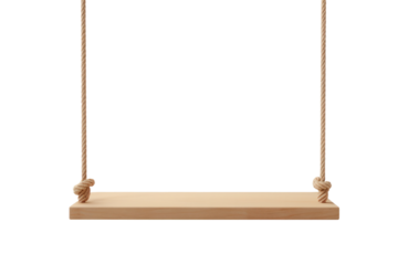 A minimalist wooden swing made of a smooth wooden board and strong rope, floating in front of a white backdrop