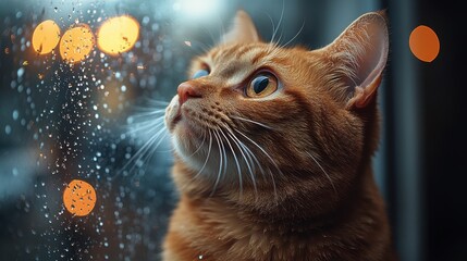 A close-up of a cat&rsquo;s fur slightly wet from the rain as it looks outside, with the warm glow from the room reflecting in the window 