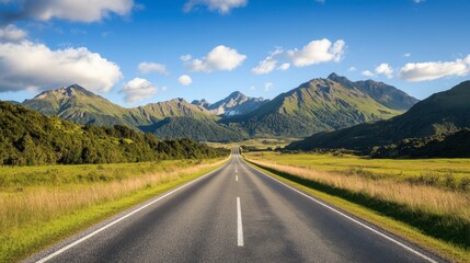 Naklejka premium A scenic asphalt road with green mountains and blue sky, under the warm sunlight of a clear, cloud-speckled afternoon.