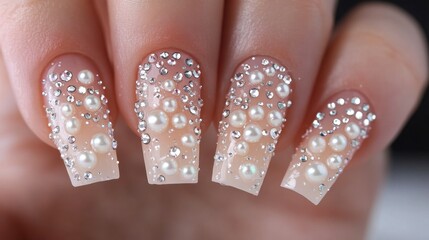 A set of nails adorned with tiny pearls and rhinestones, creating a luxurious and glamorous look for special occasions.