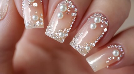 A set of nails adorned with tiny pearls and rhinestones, creating a luxurious and glamorous look for special occasions.