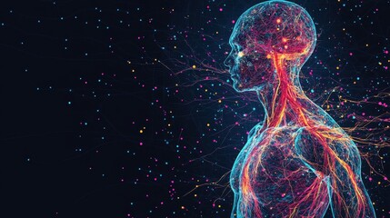 Colorful 3D illustrations on a black background of human nerves can be expressed both scientifically and technologically, artistically and aesthetically. and on a philosophical and spiritual level.