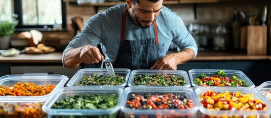 Fototapeta premium A man in a blue shirt and apron is preparing food in a kitchen. He is carefully scooping food from a large container into a smaller container.