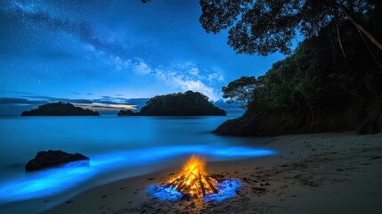 Beach bonfire under a starry sky, electric blue flames dancing