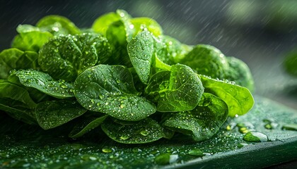 Fresh Spinach Leaves Piled Gracefully on Green Cutting Board with Dew Drops, Close-up Photo