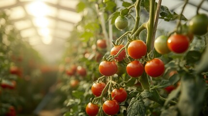 Tomatoes are being harvested from a vine in a greenhouse.