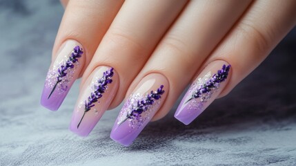 A soft and elegant nail art design with lavender flowers on a light purple background, ideal for a feminine look.