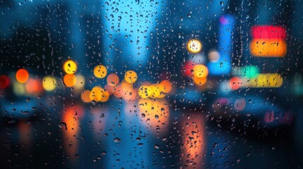 A close-up of raindrops on a car window, with blurred city lights in the background, creating an atmospheric, moody feel 
