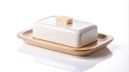 A butter dish with a lid and a small piece of butter on top.