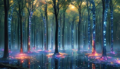 Enchanted Forest with Luminous Trees and Mystic Glow