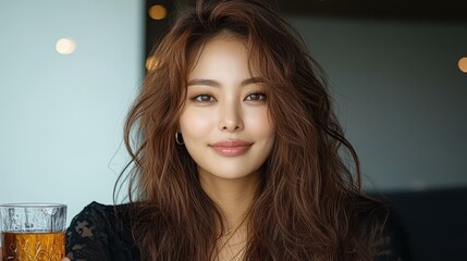 A charming Korean actress beams with joy while holding a bottle of golden apple cider vinegar in this deep shot.