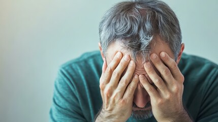 A melancholic man cradles his head in thought, lost in emotion against a softly blurred backdrop.