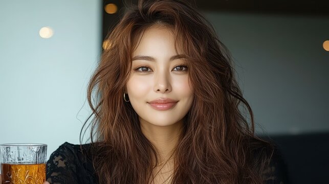 A charming Korean actress beams with joy while holding a bottle of golden apple cider vinegar in this deep shot.