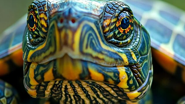 A close-up of a turtle's face, showing its intricate pattern and bright yellow eyes
