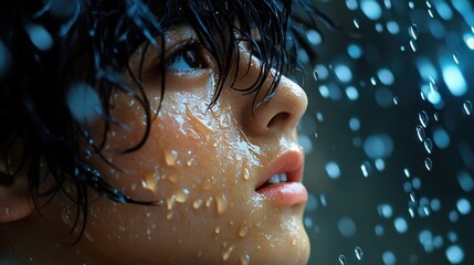 A close-up of the boy’s face with raindrops reflecting on the window in front of him, his expression calm and reflective, evoking a classic 80’s anime mood 